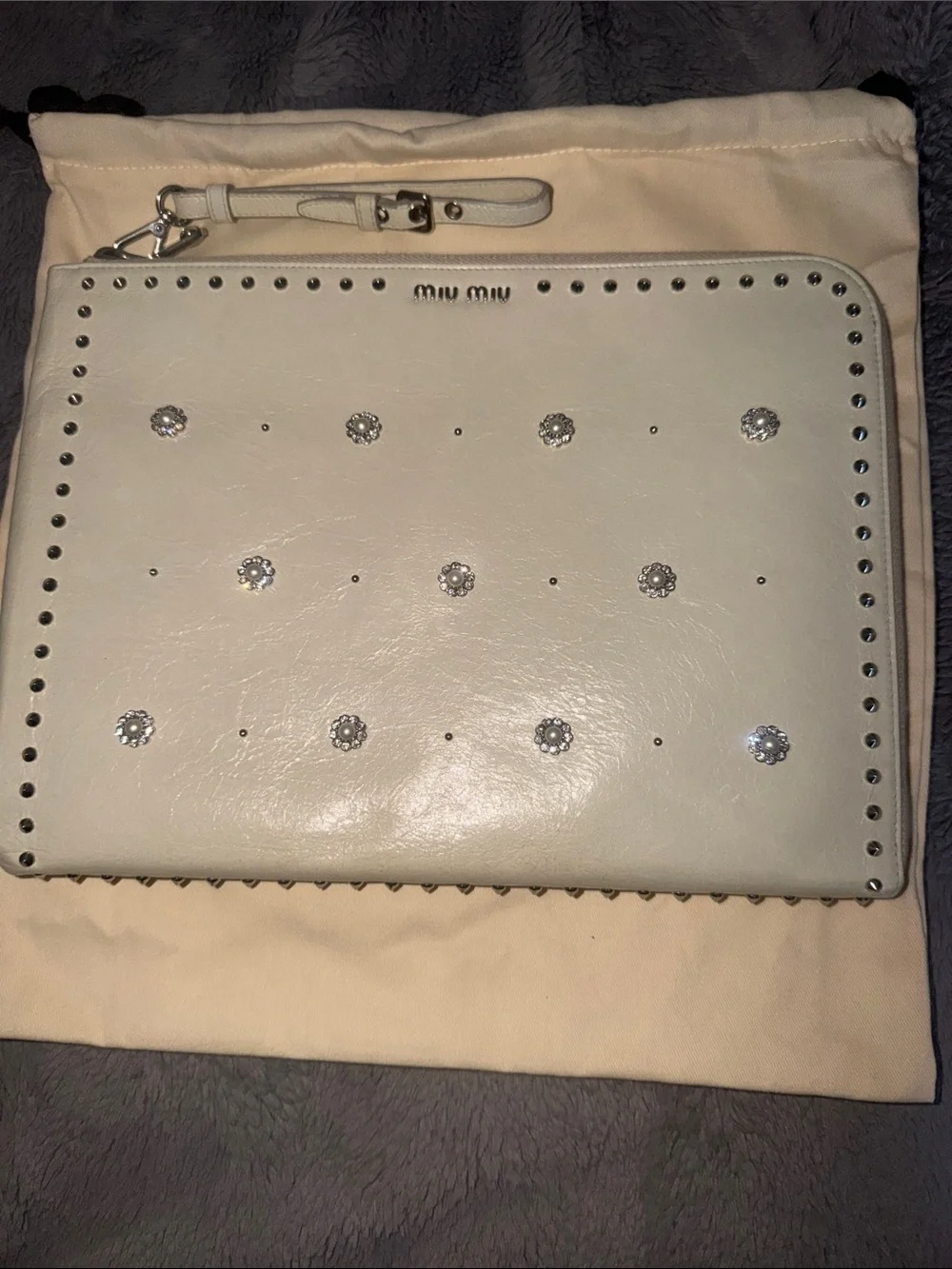Preloved Miu Miu White Leather Studded Wristlet Clutch great condition